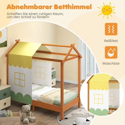 Children's house bed with roof & removable bed canopy & 12 solid wood slats floor bed frame