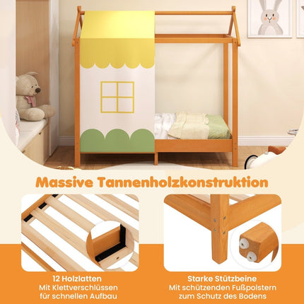 Children's house bed with roof & removable bed canopy & 12 solid wood slats floor bed frame