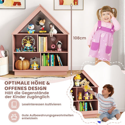 Children's house-shaped bookcase, wooden children's shelf with 5 compartments, 88 x 34 x 108 cm, pink