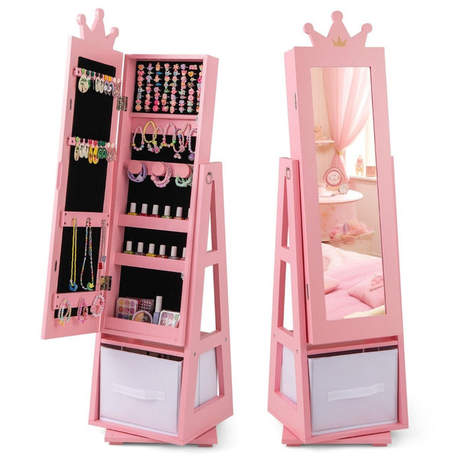 Children's jewelry cabinet 2 in 1 tilting mirror cabinet with full-length mirror 31.5 x 30 x 115 cm pink