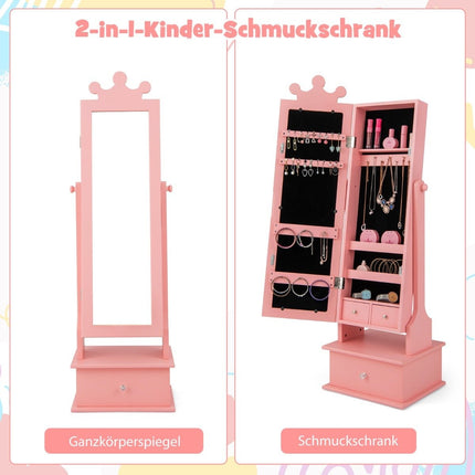 Children's jewelry cabinet with full-length mirror & 2 tilt angles & 3 drawers pink