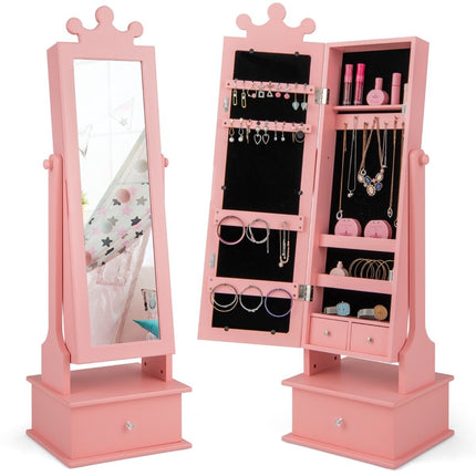 Children's jewelry cabinet with full-length mirror & 2 tilt angles & 3 drawers pink