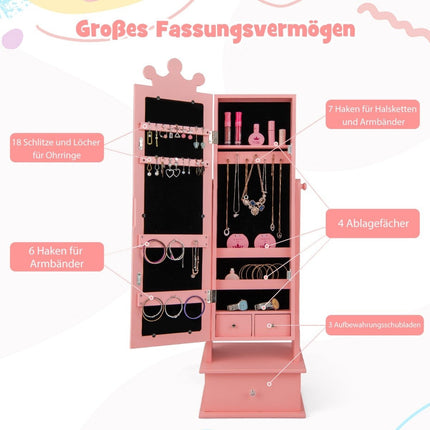Children's jewelry cabinet with full-length mirror & 2 tilt angles & 3 drawers pink