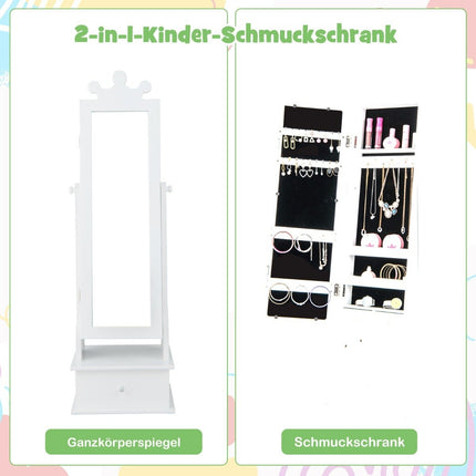 Children's jewelry cabinet with full-length mirror & 2 tilt angles & 3 drawers white