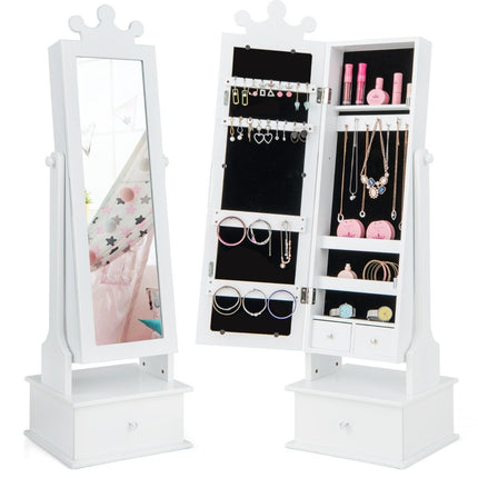 Children's jewelry cabinet with full-length mirror & 2 tilt angles & 3 drawers white