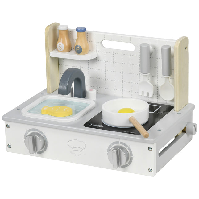 Kitchen set for children, 10-piece kitchen utensils and food, gray