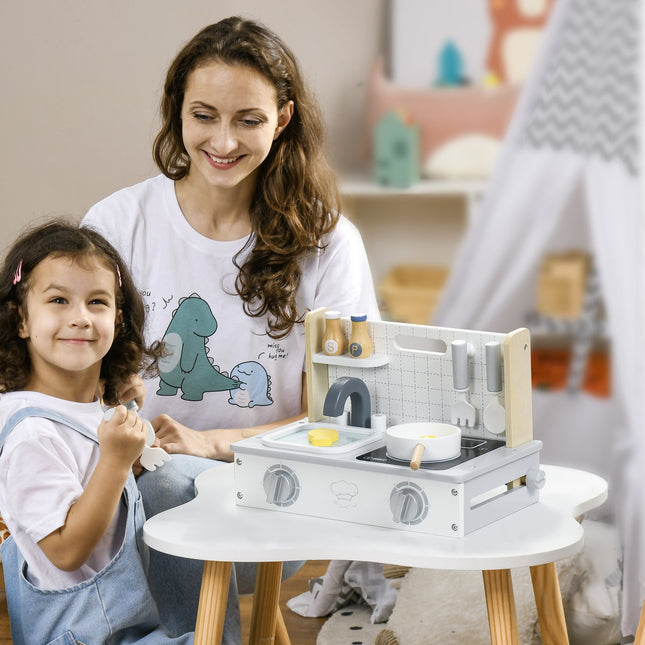Kitchen set for children, 10-piece kitchen utensils and food, gray