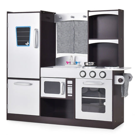 Children's kitchen made of wood, children's play kitchen with refrigerator and lots of storage space, 97 x 30 x 95 cm, brown