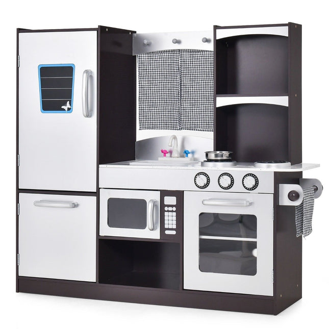Children's kitchen made of wood, children's play kitchen with refrigerator and lots of storage space, 97 x 30 x 95 cm, brown