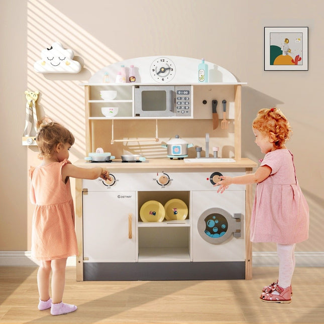 Children's kitchen made of wood including 17 accessories with microwave & washing machine & stoves white