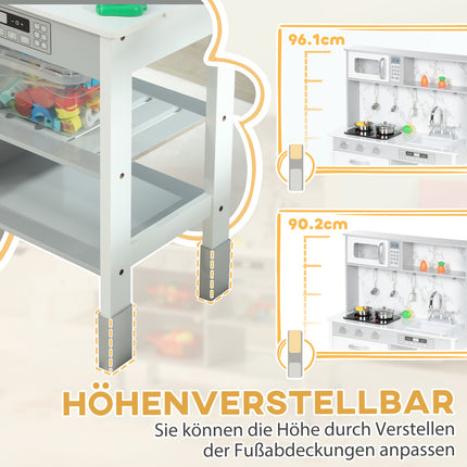 Adjustable play kitchen for children with stove and accessories