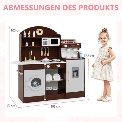 Children's kitchen with 27 accessories, wooden play kitchen with clock, microwave, brown