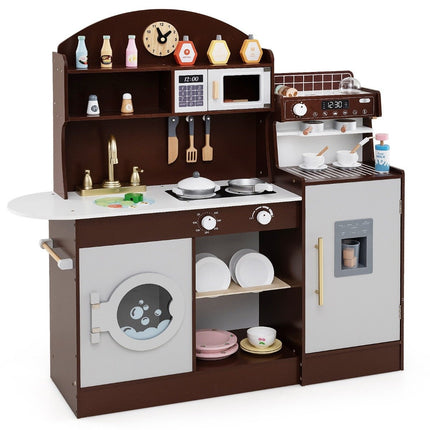 Children's kitchen with 27 accessories, wooden play kitchen with clock, microwave, brown