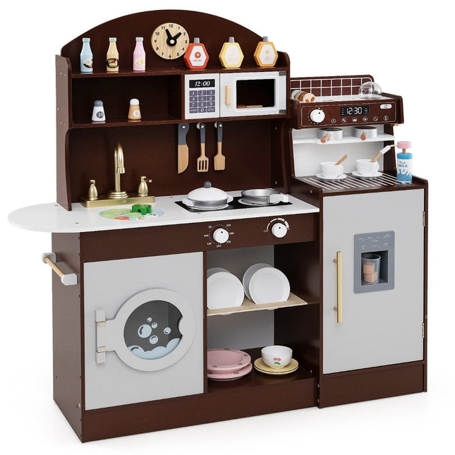 Children's kitchen with 27 accessories, wooden play kitchen with clock, microwave, brown