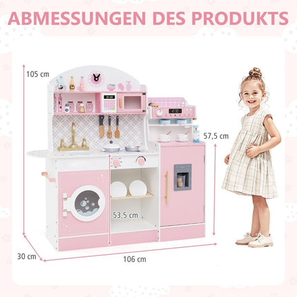 Children's kitchen with 27 accessories, wooden play kitchen with clock, microwave, pink