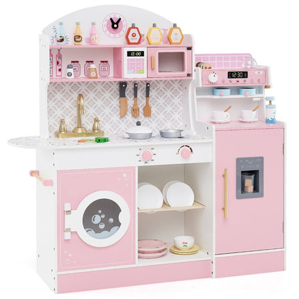 Children's kitchen with 27 accessories, wooden play kitchen with clock, microwave, pink