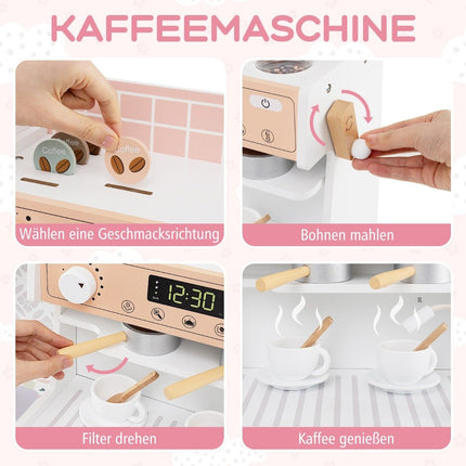 Children's kitchen with 27 accessories, wooden play kitchen with clock, microwave, white
