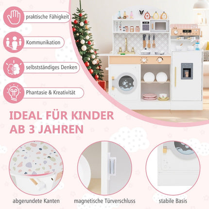 Children's kitchen with 27 accessories, wooden play kitchen with clock, microwave, white
