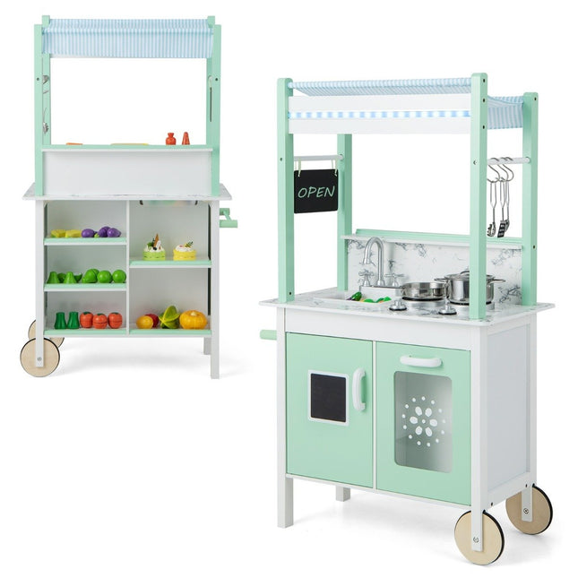 Children's kitchen with shop & wheels & 17 accessories & light & remote control play kitchen green
