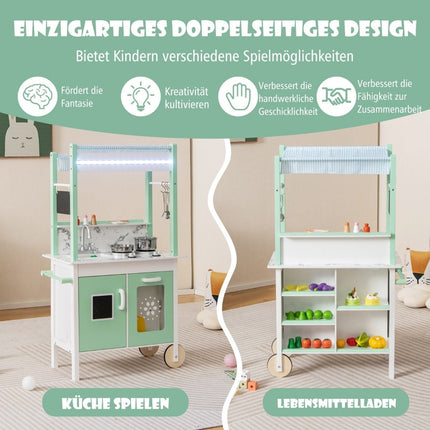 Children's kitchen with shop & wheels & 17 accessories & light & remote control play kitchen green