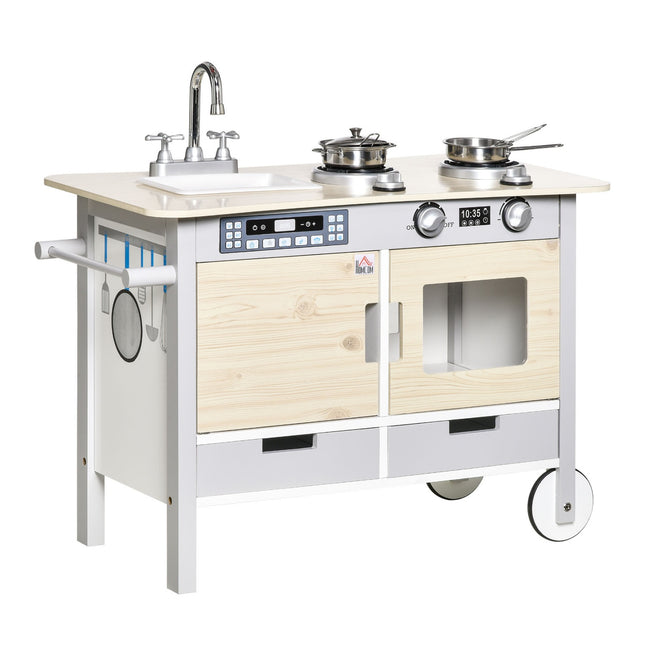Children's play kitchen on wheels, wood, 70x40x66.5 cm, 7-piece set