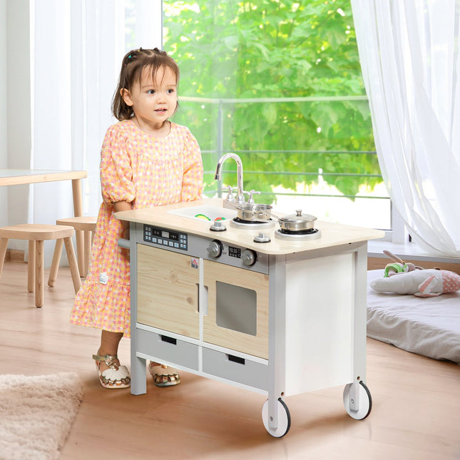 Children's play kitchen on wheels, wood, 70x40x66.5 cm, 7-piece set