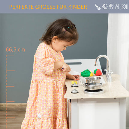 Children's play kitchen on wheels, wood, 70x40x66.5 cm, 7-piece set