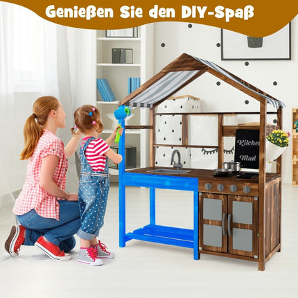 Children's mud kitchen made of solid wood with canopy & chalkboard & removable sink
