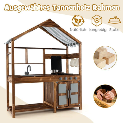 Children's mud kitchen made of solid wood with canopy & chalkboard & removable sink