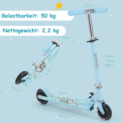 Children's scooter with LED wheels and foldable handlebars, height adjustable, children's scooter, light blue