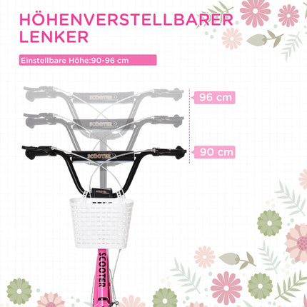 Children's scooter in pink and white, adjustable height, with basket