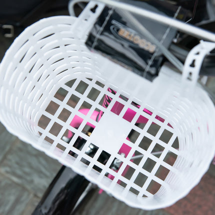 Children's scooter in pink and white, adjustable height, with basket