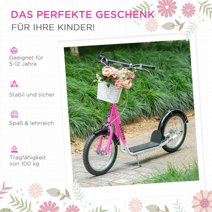 Children's scooter in pink and white, adjustable height, with basket
