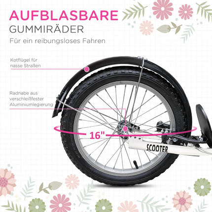 Children's scooter in pink and white, adjustable height, with basket