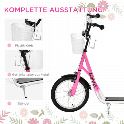 Children's scooter in pink and white, adjustable height, with basket