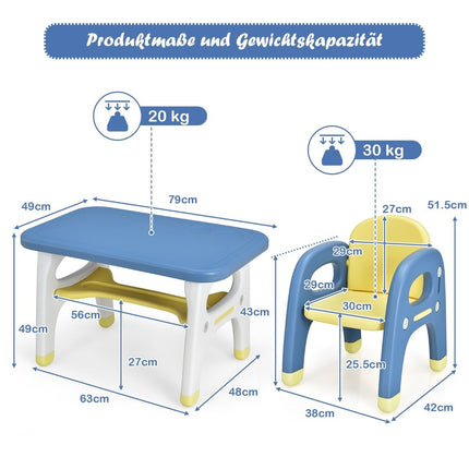 Children's seating group with dinosaur design including building blocks made of HDPE for children over 3 years old. Blue
