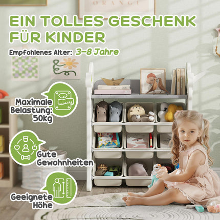 Children's 4-tier toy shelf, 9 removable bins, cream white