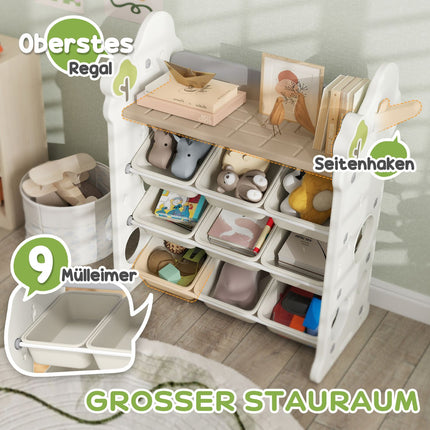 Children's 4-tier toy shelf, 9 removable bins, cream white