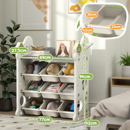 Children's 4-tier toy shelf, 9 removable bins, cream white