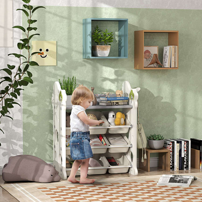 Children's 4-tier toy shelf, 9 removable bins, cream white
