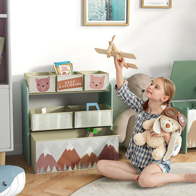 Storage shelf for children's toys with 6 green fabric compartments