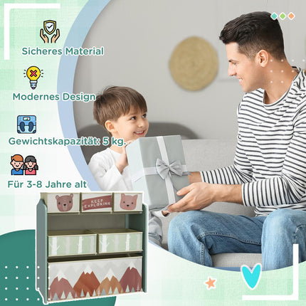 Storage shelf for children's toys with 6 green fabric compartments