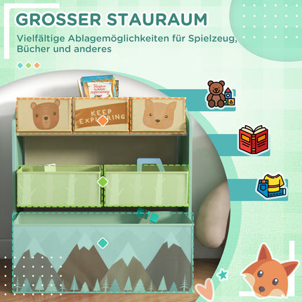 Storage shelf for children's toys with 6 green fabric compartments