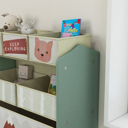 Storage shelf for children's toys with 6 green fabric compartments