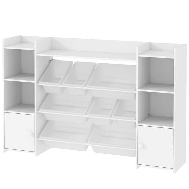 Kinderplank speelgoedplank met 8 uitneembare dozen, 4 open vakken, 2 kastvakken, kinderboekenkast voor kinderkamers, kleuterschool, 140 x 30 x 90 cm, wit