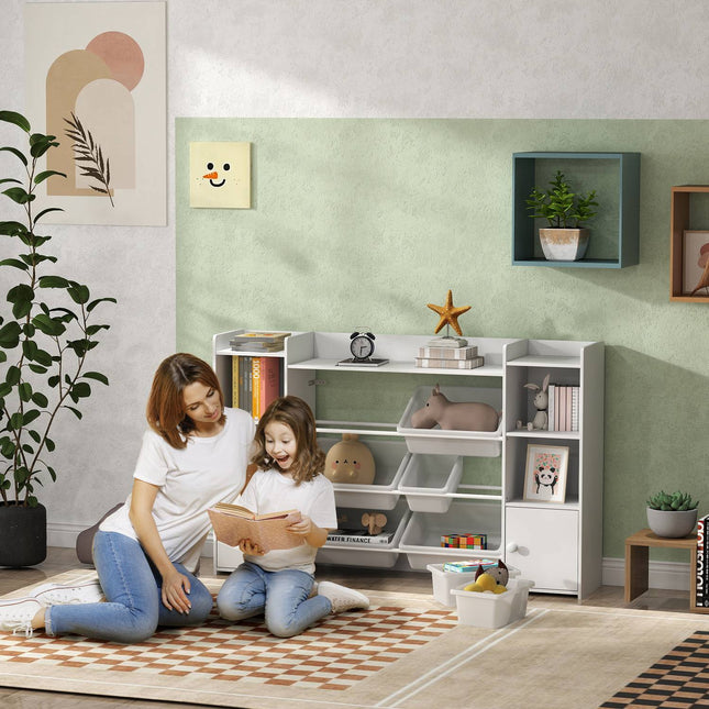 Kinderplank speelgoedplank met 8 uitneembare dozen, 4 open vakken, 2 kastvakken, kinderboekenkast voor kinderkamers, kleuterschool, 140 x 30 x 90 cm, wit