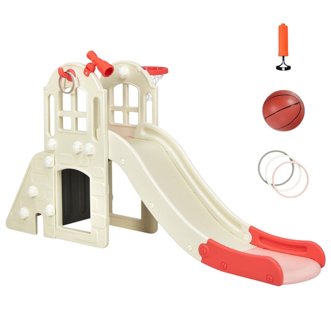 Children's slide climbing slide with basketball hoop ball ring toss and telescope 189.5 x 83 x 98 cm pink