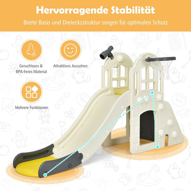 Children's slide climbing slide with basketball hoop ball ring toss and telescope 189.5 x 83 x 98 cm yellow