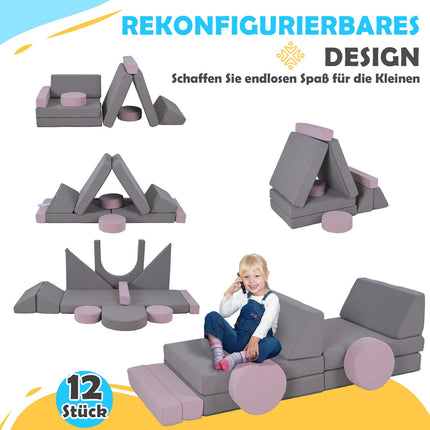 Modular foam sofa for children, 12-piece play sofa, grey/pink