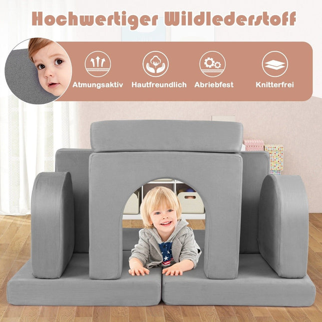 Children's sofa 8-piece play sofa made of foam building blocks with comfortable suede fabric gray